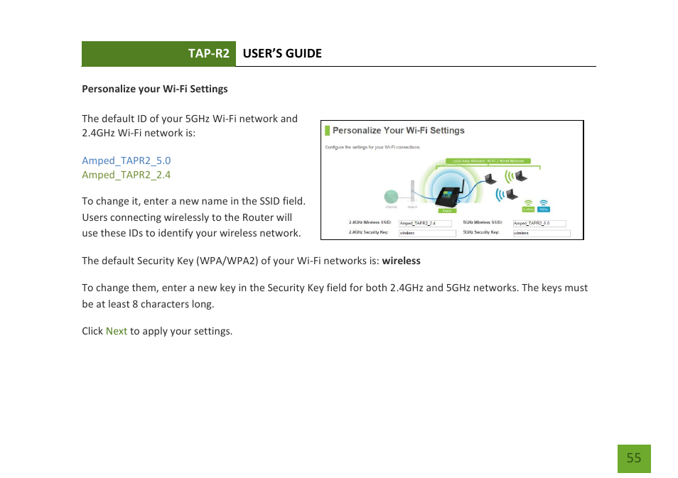 Personalize your wi-fi settings, Tap-r2 user’s guide | Amped Wireless TAP-R2 - High Power Touch Screen AC750 Wi-Fi Router User Manual | Page 56 / 149