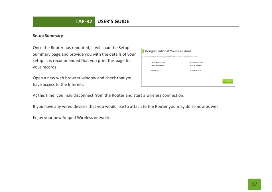 Setup summary | Amped Wireless TAP-R2 - High Power Touch Screen AC750 Wi-Fi Router User Manual | Page 58 / 149
