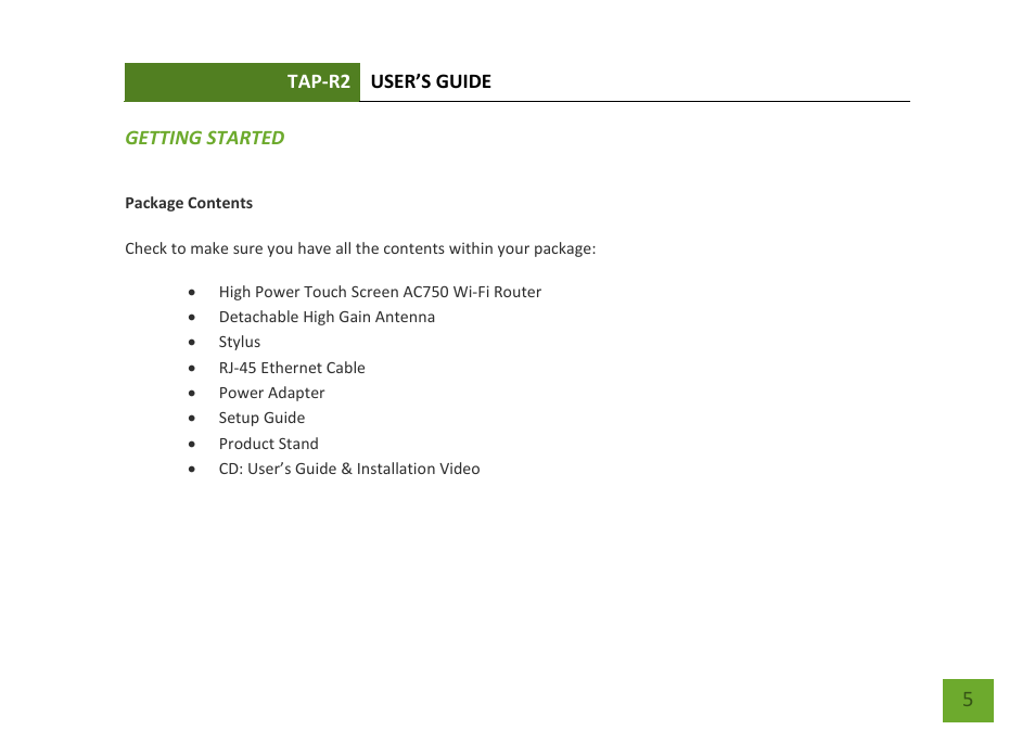 Getting started, Package contents | Amped Wireless TAP-R2 - High Power Touch Screen AC750 Wi-Fi Router User Manual | Page 6 / 149