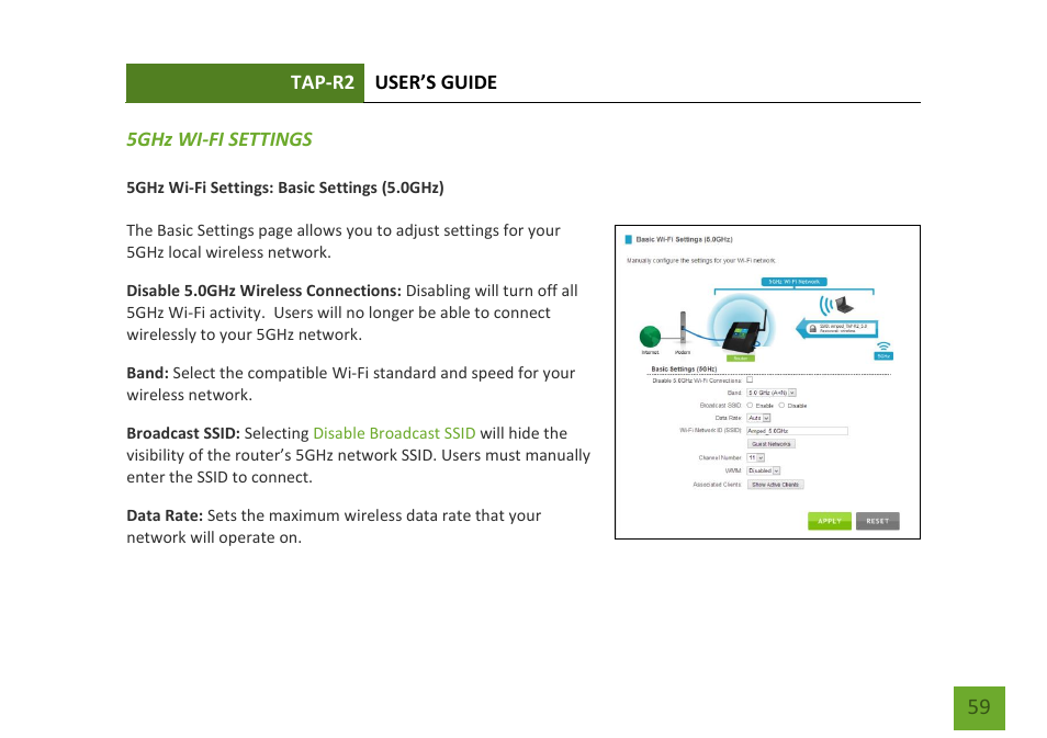 5ghz wi-fi settings (web menu), Basic settings (5.0ghz) | Amped Wireless TAP-R2 - High Power Touch Screen AC750 Wi-Fi Router User Manual | Page 60 / 149
