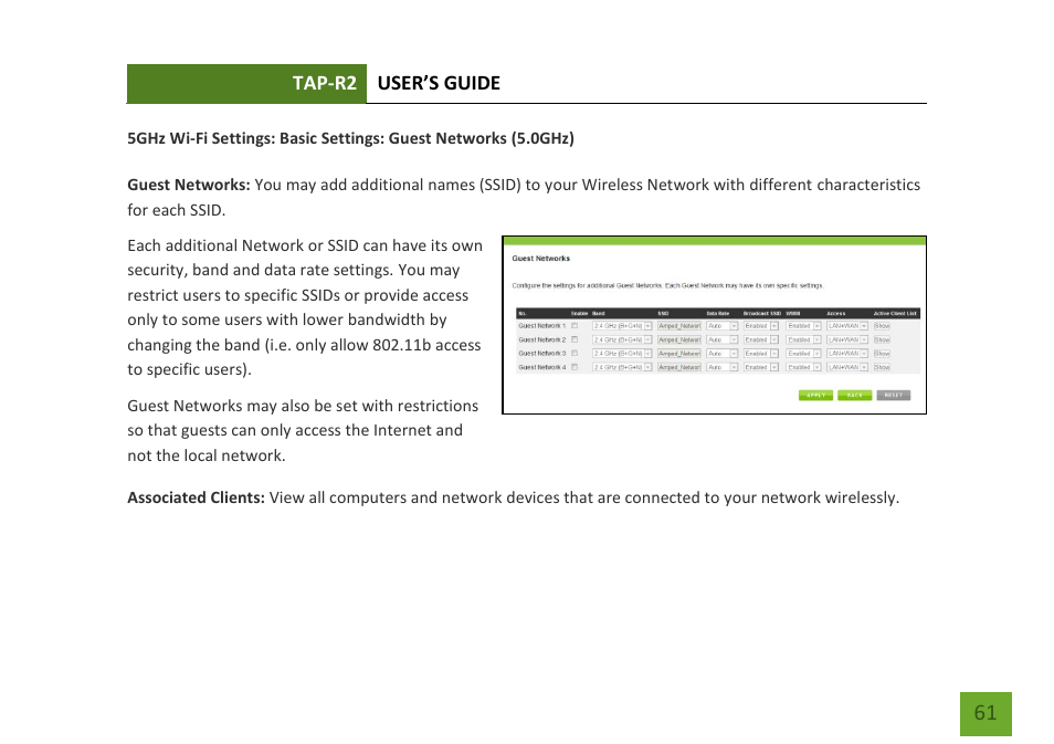 Basic settings: guest networks (5.0ghz) | Amped Wireless TAP-R2 - High Power Touch Screen AC750 Wi-Fi Router User Manual | Page 62 / 149