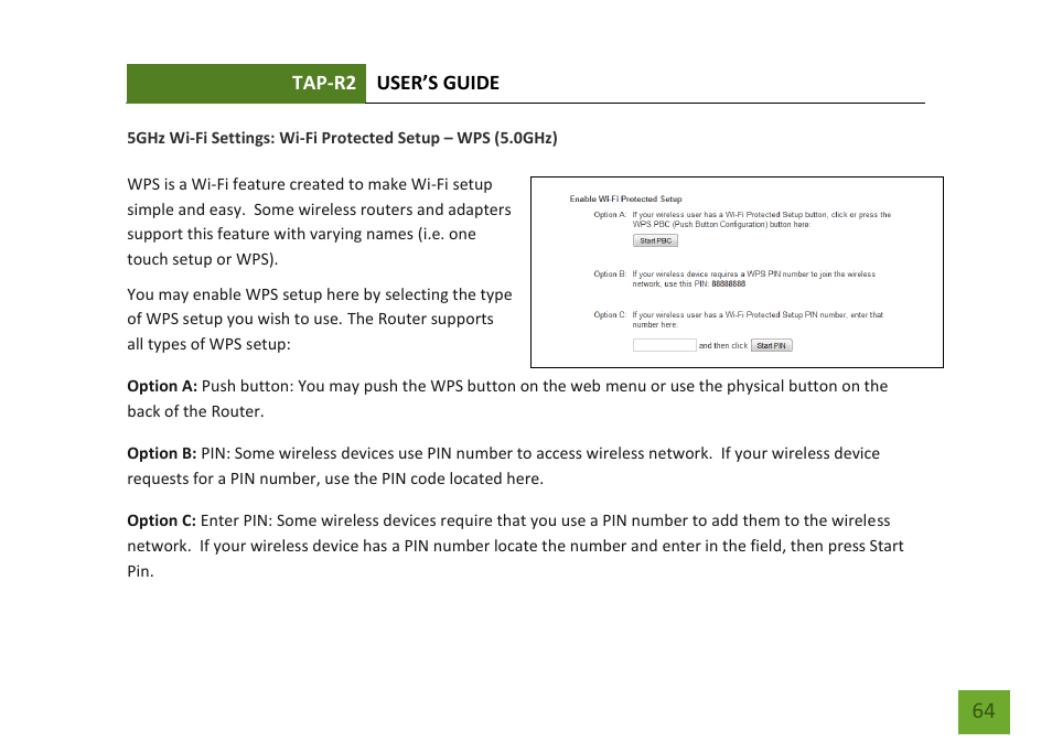 Wi-fi protected setup – wps (5.0ghz) | Amped Wireless TAP-R2 - High Power Touch Screen AC750 Wi-Fi Router User Manual | Page 65 / 149