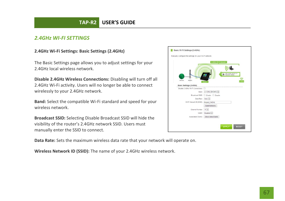 4ghz wi-fi settings (web menu), Basic settings (2.4ghz) | Amped Wireless TAP-R2 - High Power Touch Screen AC750 Wi-Fi Router User Manual | Page 68 / 149