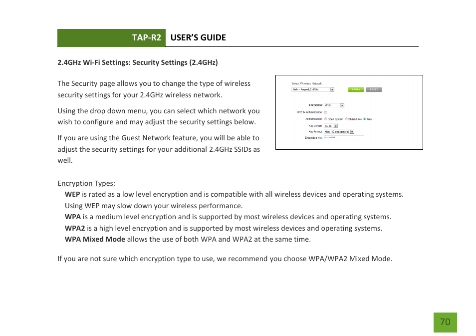 Security settings (2.4ghz) | Amped Wireless TAP-R2 - High Power Touch Screen AC750 Wi-Fi Router User Manual | Page 71 / 149