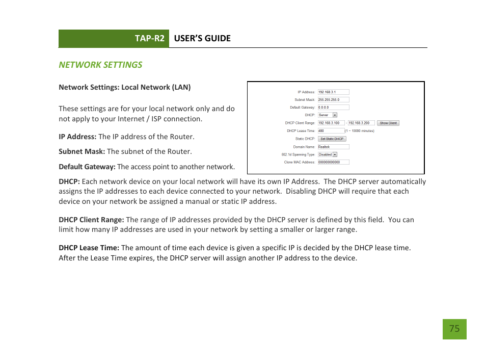 Network settings, Local network (lan) | Amped Wireless TAP-R2 - High Power Touch Screen AC750 Wi-Fi Router User Manual | Page 76 / 149