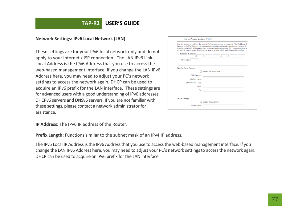 Ipv6 local network (lan) | Amped Wireless TAP-R2 - High Power Touch Screen AC750 Wi-Fi Router User Manual | Page 78 / 149