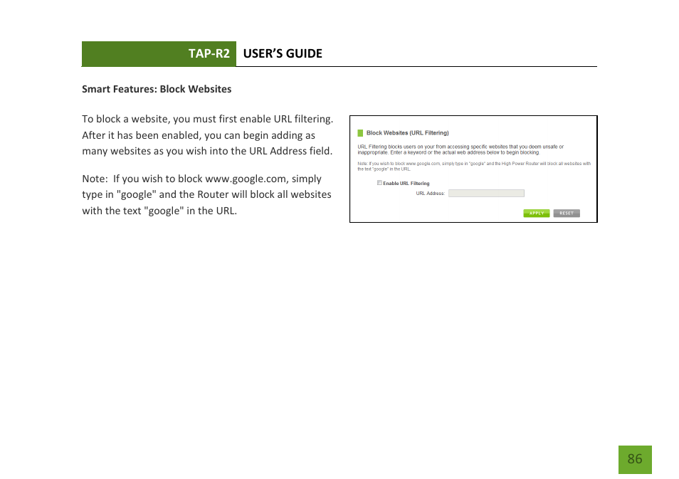 Block websites | Amped Wireless TAP-R2 - High Power Touch Screen AC750 Wi-Fi Router User Manual | Page 87 / 149