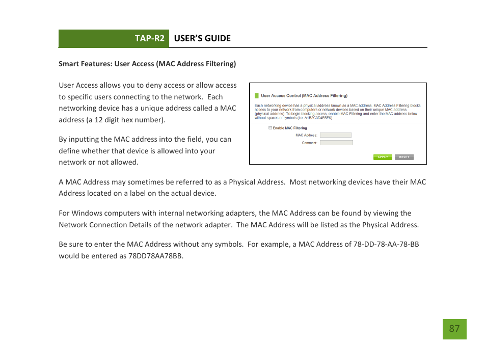 User access (mac address filtering) | Amped Wireless TAP-R2 - High Power Touch Screen AC750 Wi-Fi Router User Manual | Page 88 / 149
