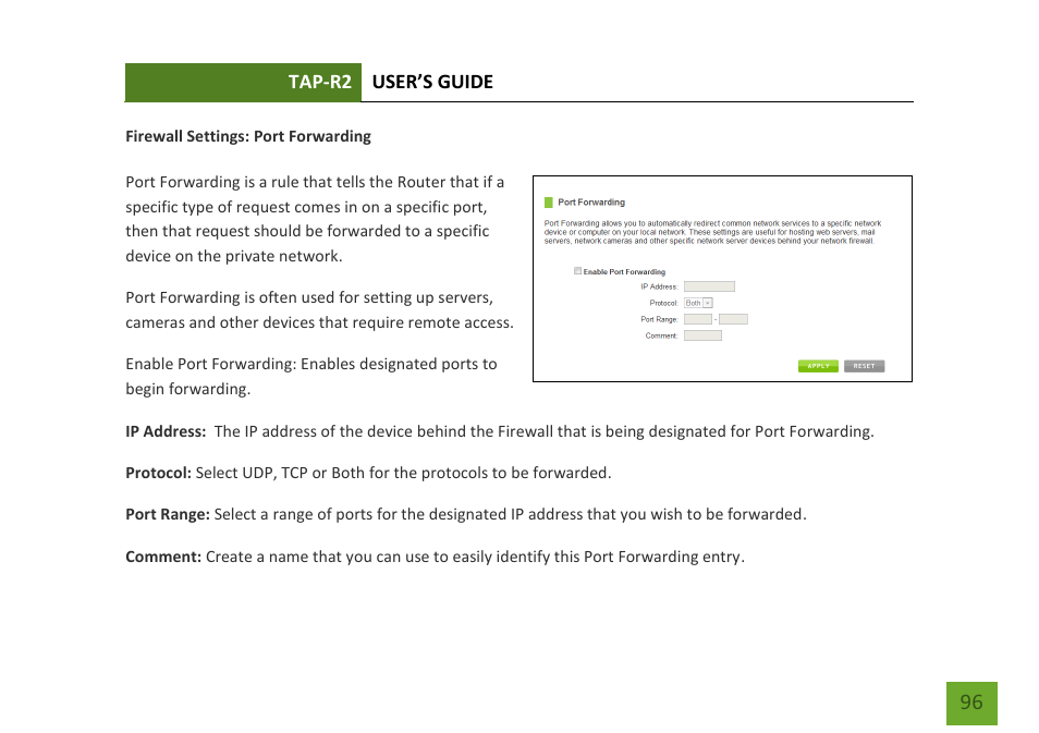 Port forwarding | Amped Wireless TAP-R2 - High Power Touch Screen AC750 Wi-Fi Router User Manual | Page 97 / 149