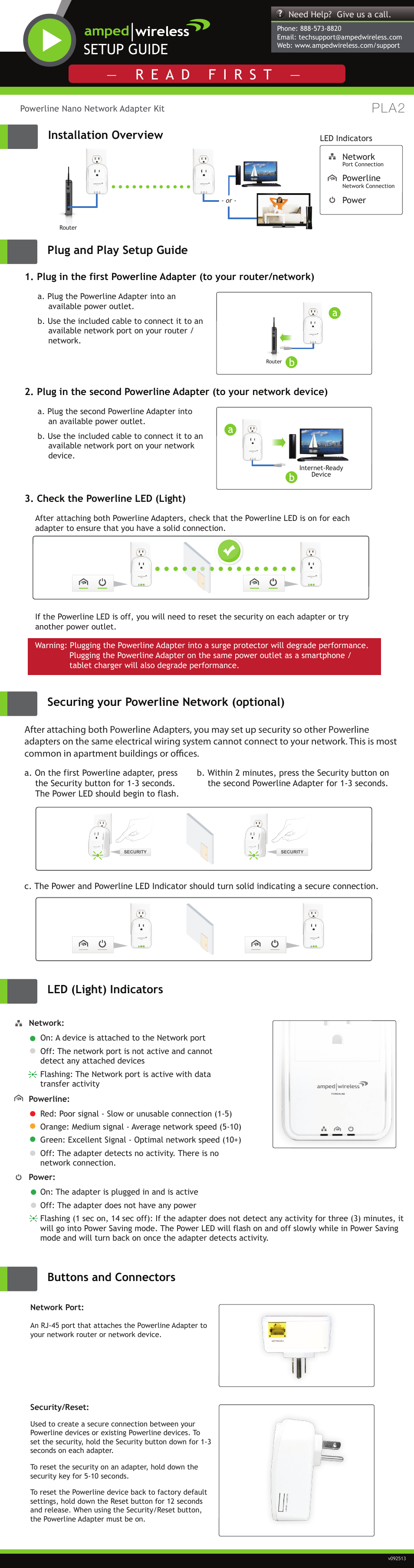 Amped Wireless PLA2 - Powerline Nano AV500 1-Port Network Adapter Kit User Manual | 2 pages