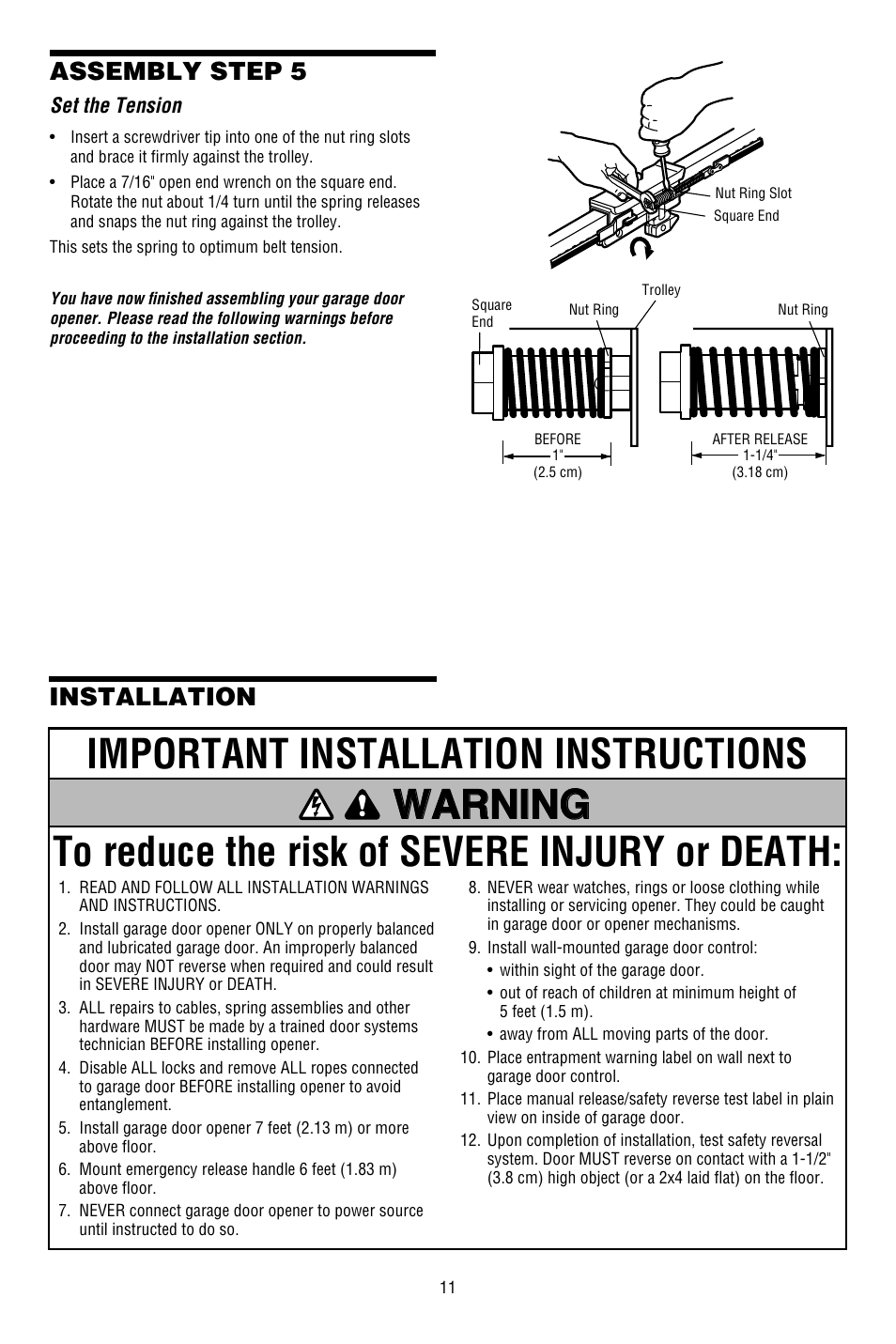 Set the tension, Installation, Assembly step 5 | Chamberlain WHISPER DRIVE WD822KD User Manual | Page 11 / 40