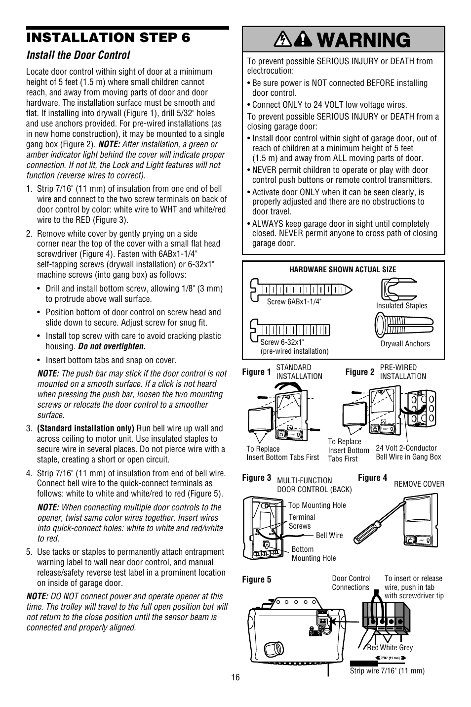 Hang the opener, Installation step 6, Install the door control | Chamberlain WHISPER DRIVE WD822KD User Manual | Page 16 / 40