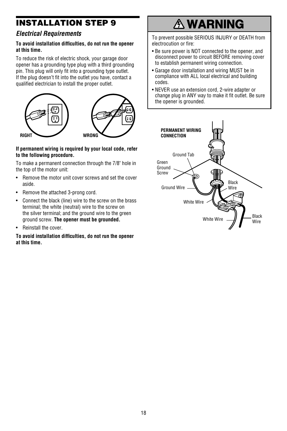 Install the lights, Attach the emergency release rope and handle, Installation step 9 | Electrical requirements | Chamberlain WHISPER DRIVE WD822KD User Manual | Page 18 / 40