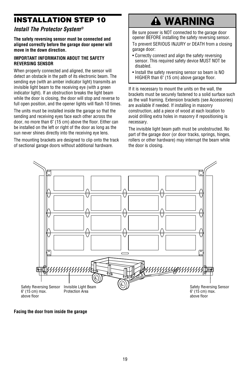 Electrical requirements, Installation step 10, Install the protector system | Chamberlain WHISPER DRIVE WD822KD User Manual | Page 19 / 40