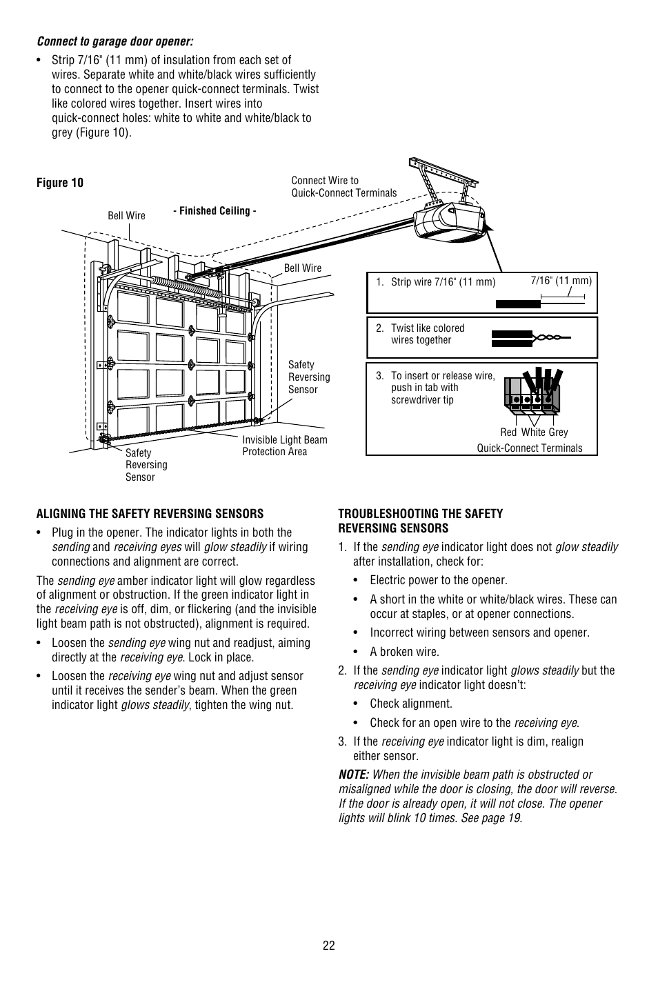 Mounting and wiring the safety reversing sensors, Aligning the safety reversing sensors, Troubleshooting the safety reversing sensors | Chamberlain WHISPER DRIVE WD822KD User Manual | Page 22 / 40