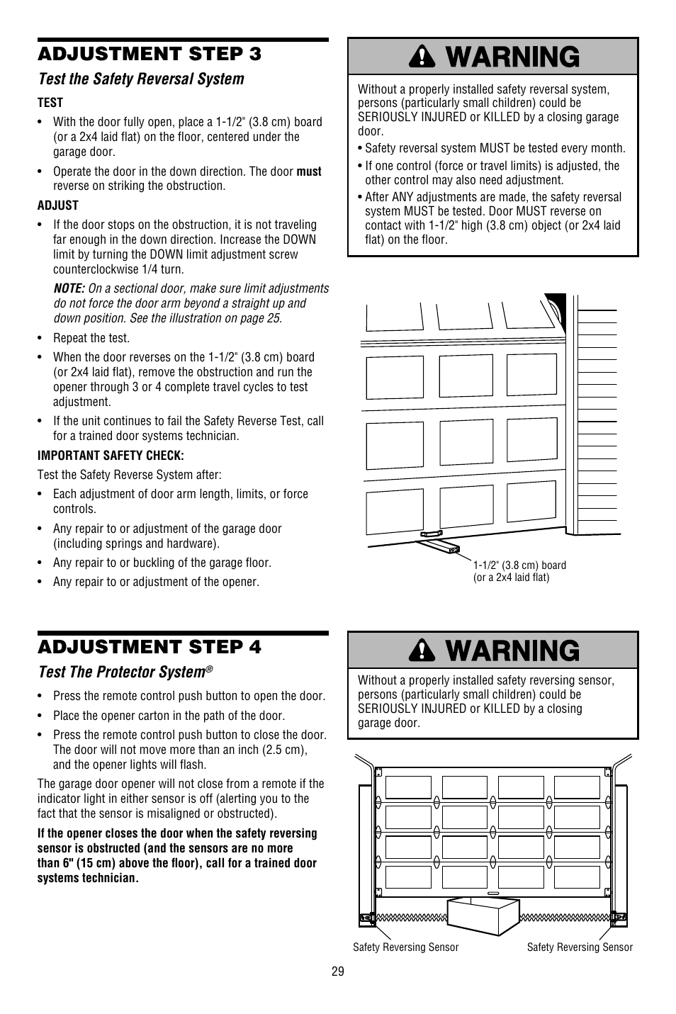 Test the safety reversal system, Test the protector system, Adjustment step 3 | Adjustment step 4 | Chamberlain WHISPER DRIVE WD822KD User Manual | Page 29 / 40