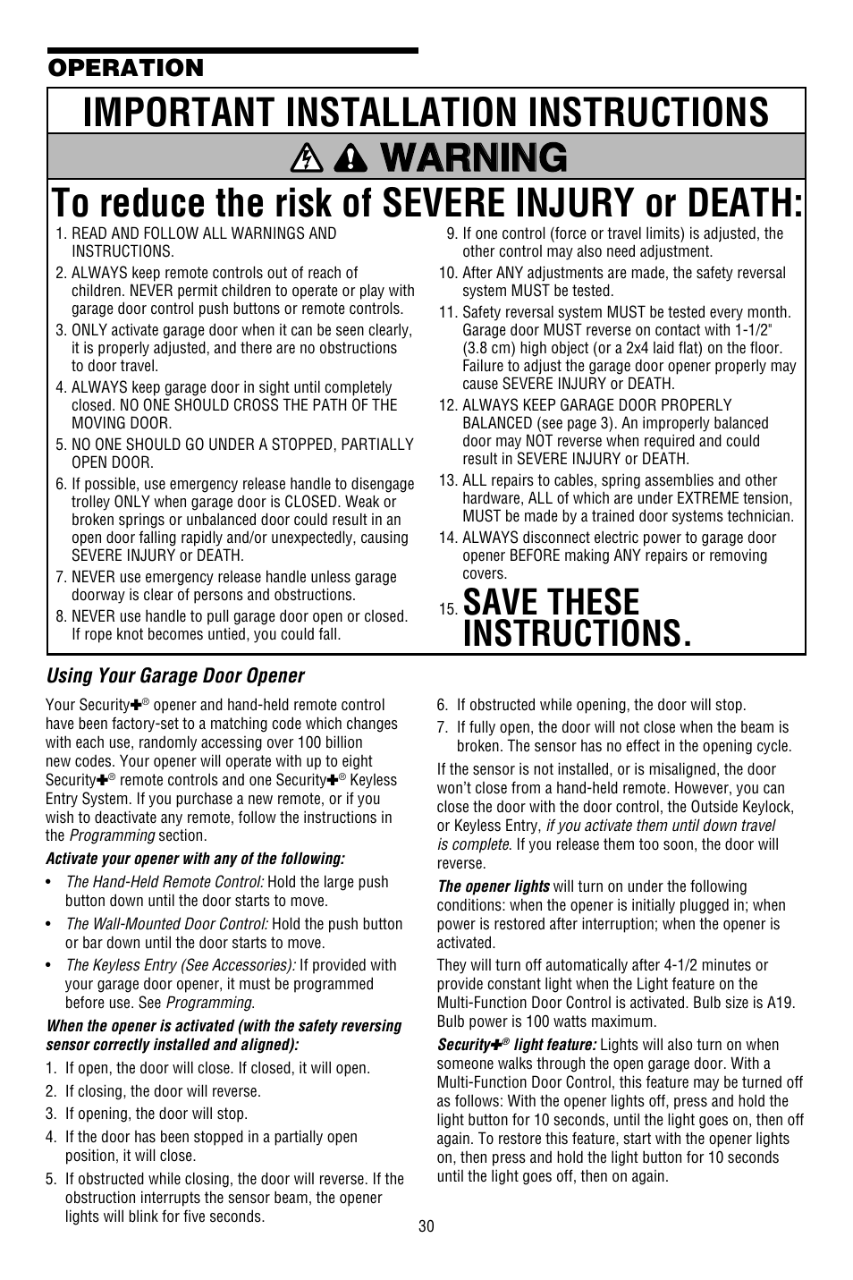 Operation, Using your garage door opener, Save these instructions | Chamberlain WHISPER DRIVE WD822KD User Manual | Page 30 / 40