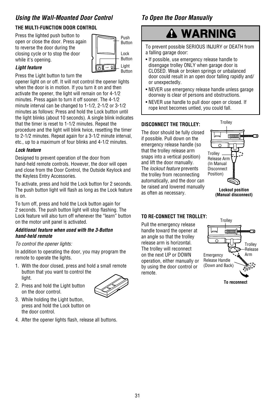 Using the wall-mounted door control, To open the door manually | Chamberlain WHISPER DRIVE WD822KD User Manual | Page 31 / 40