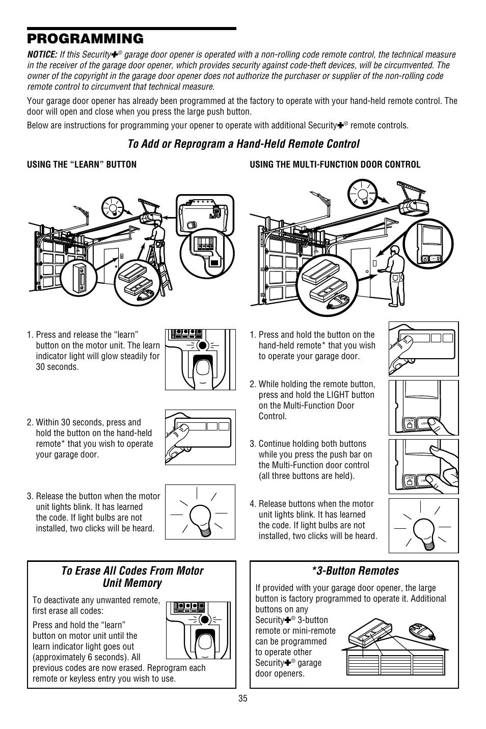 Programming, To erase all codes from motor unit memory, Button remotes | Chamberlain WHISPER DRIVE WD822KD User Manual | Page 35 / 40