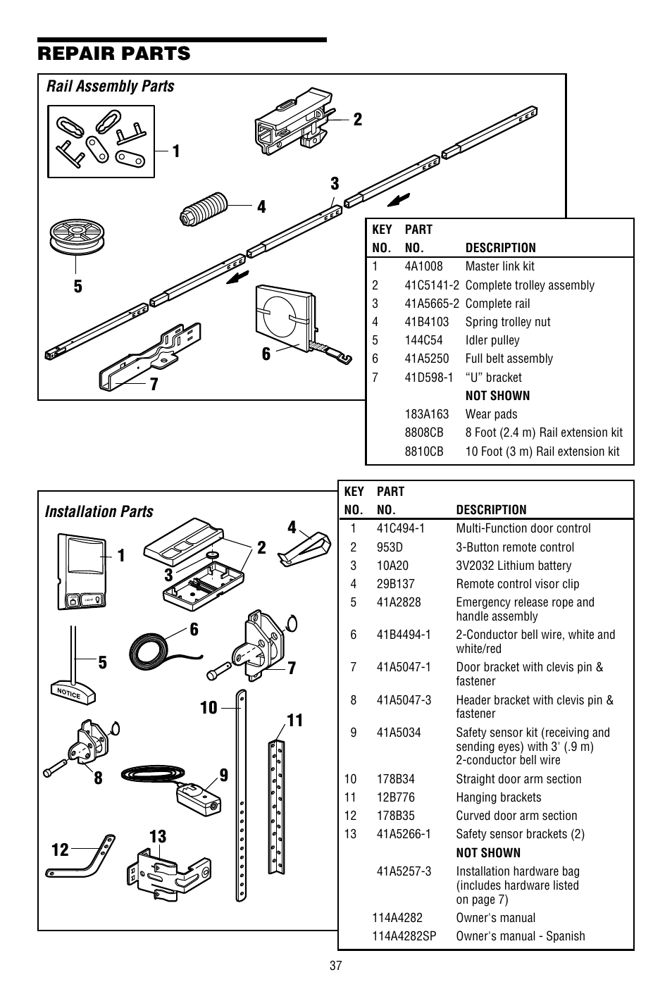 Repair parts, Installation parts, Rail assembly parts | Chamberlain WHISPER DRIVE WD822KD User Manual | Page 37 / 40