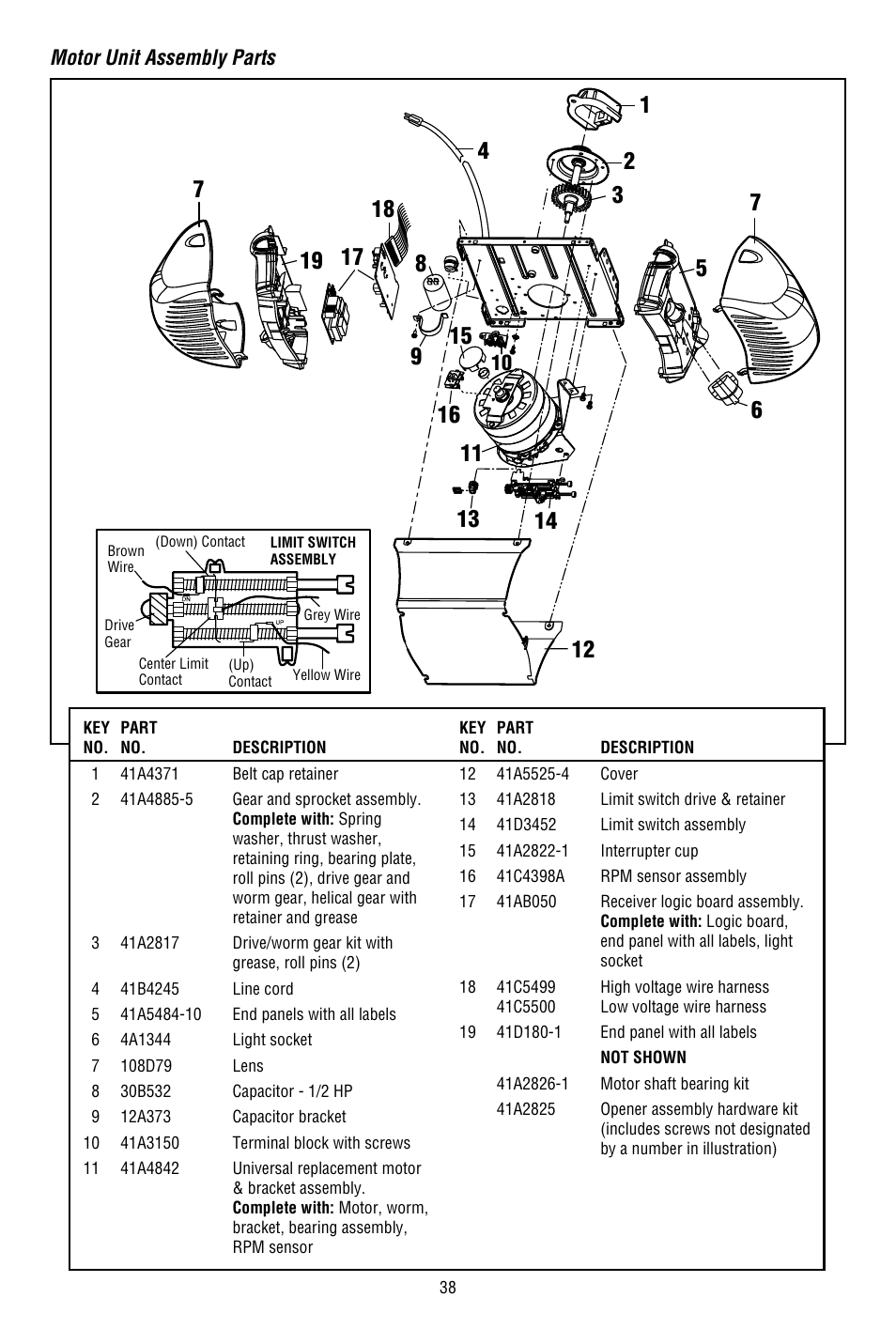 Motor unit assembly parts | Chamberlain WHISPER DRIVE WD822KD User Manual | Page 38 / 40