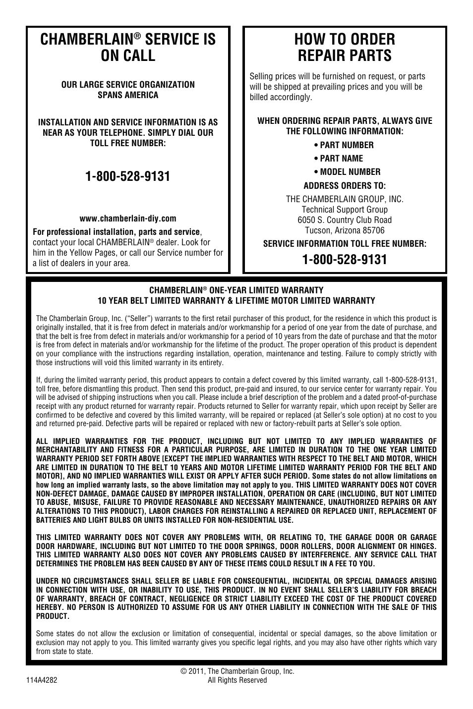 Chamberlain® service is on call, How to order repair parts, Warranty | Chamberlain, Service is on call | Chamberlain WHISPER DRIVE WD822KD User Manual | Page 40 / 40