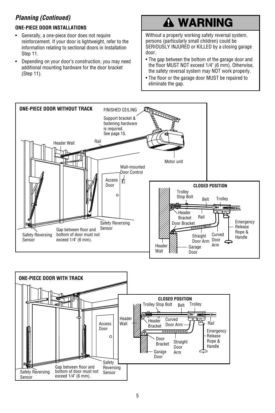 One-piece door installations, Planning (continued) | Chamberlain WHISPER DRIVE WD822KD User Manual | Page 5 / 40