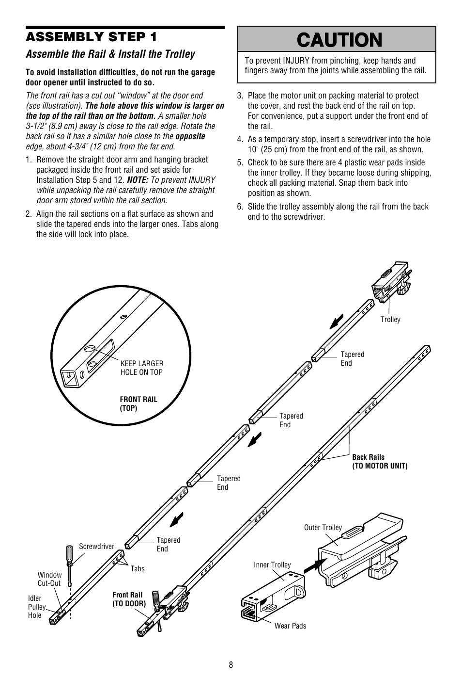 Assembly, Assemble the rail & install the trolley, Assembly step 1 | Chamberlain WHISPER DRIVE WD822KD User Manual | Page 8 / 40