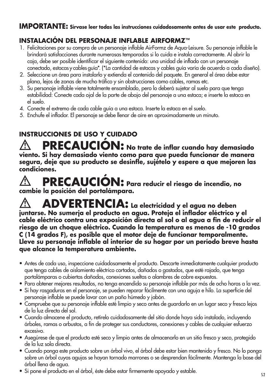 Precaución, Advertencia, Importante | Aqua Leisure Standard Characters User Manual | Page 10 / 12