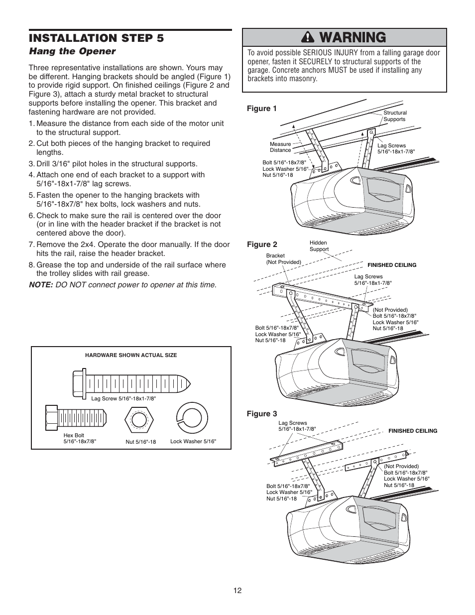 Step 5 hang the opener, Installation step 5, Hang the opener | Chamberlain 3585 3/4 User Manual | Page 12 / 40