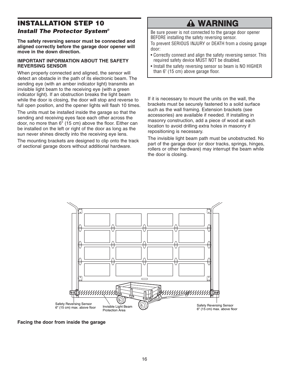 Step 10 install the protector system, Installation step 10, Install the protector system | Chamberlain 3585 3/4 User Manual | Page 16 / 40