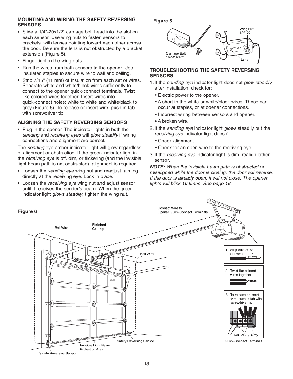Mounting and wiring the safety reversing sensors | Chamberlain 3585 3/4 User Manual | Page 18 / 40
