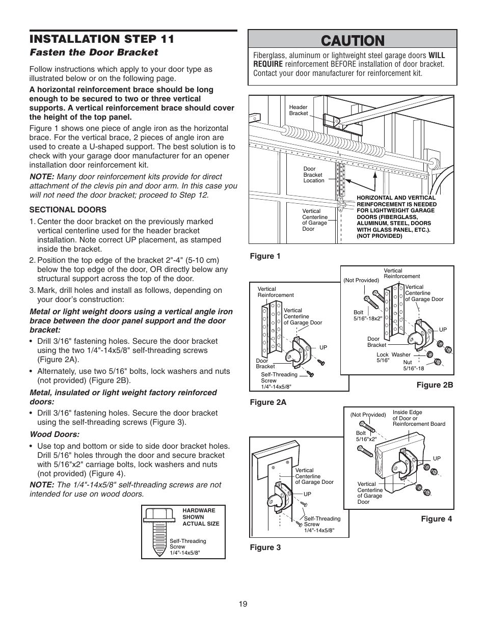Step 11 fasten the door bracket, Sectional doors, Installation step 11 | Fasten the door bracket | Chamberlain 3585 3/4 User Manual | Page 19 / 40