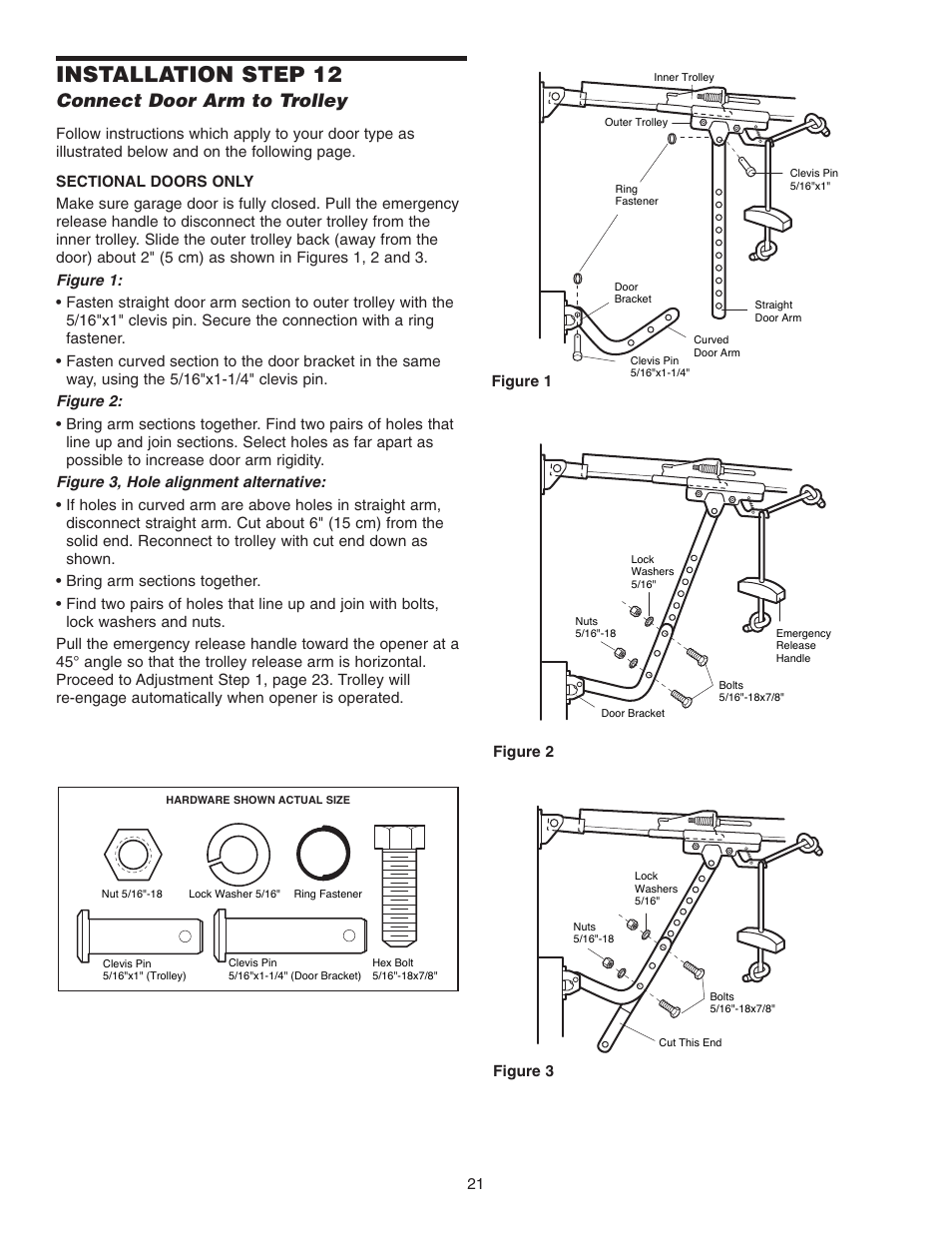 Step 12 connect door arm to trolley, Installation step 12, Connect door arm to trolley | Chamberlain 3585 3/4 User Manual | Page 21 / 40
