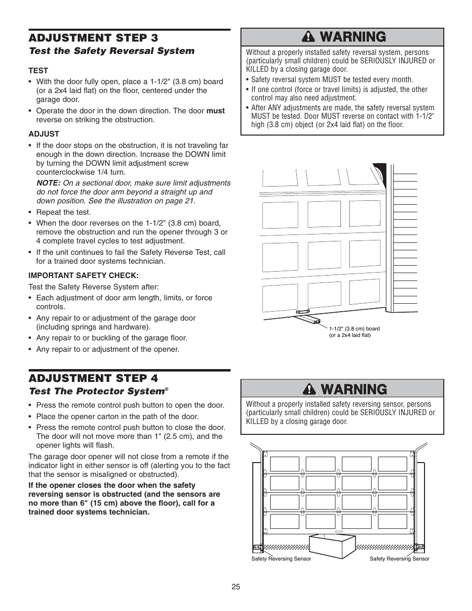 Step 3 test the safety reversal system, Step 4 test the protector system, Adjustment step 3 | Adjustment step 4 | Chamberlain 3585 3/4 User Manual | Page 25 / 40