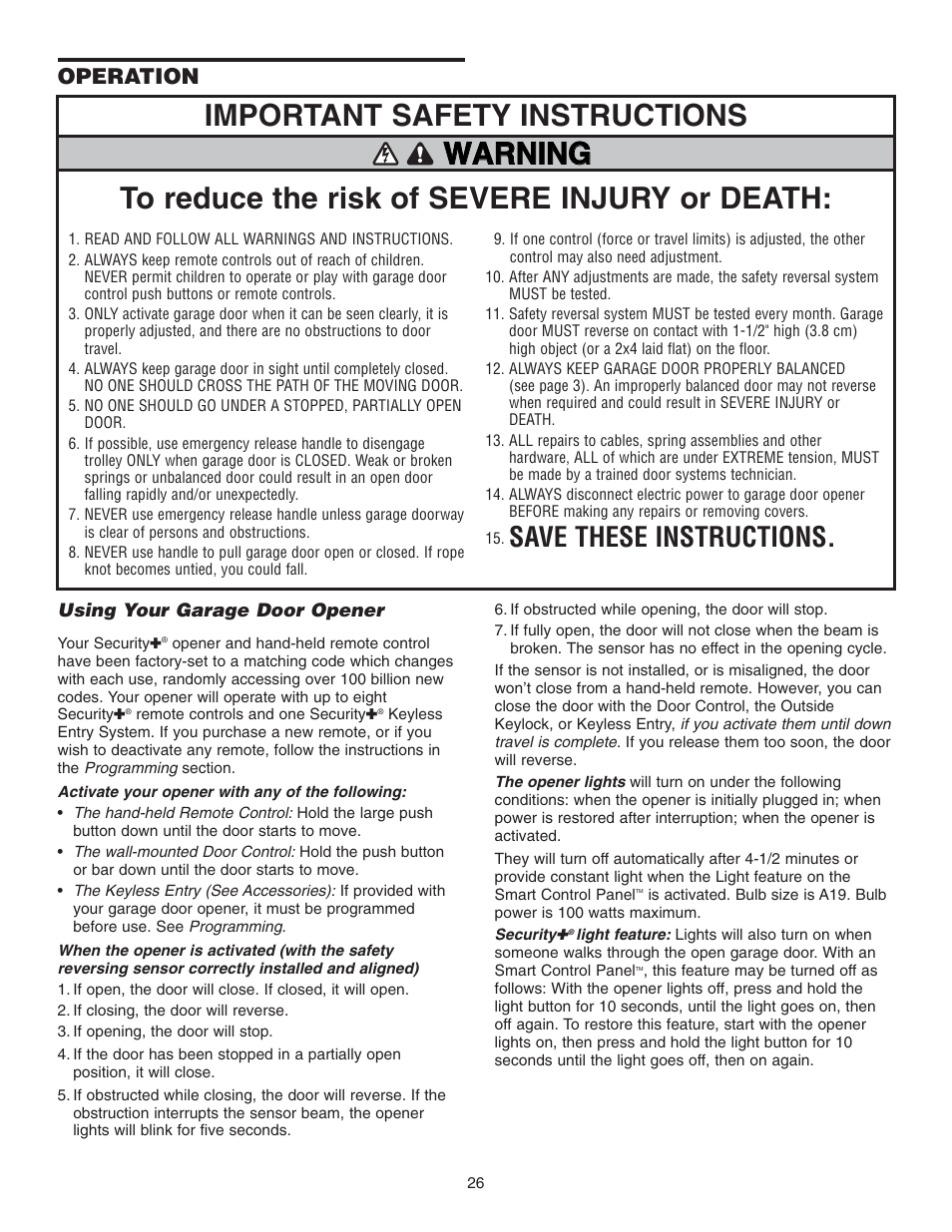 Operation, Using your garage door opener, Warning | Save these instructions | Chamberlain 3585 3/4 User Manual | Page 26 / 40