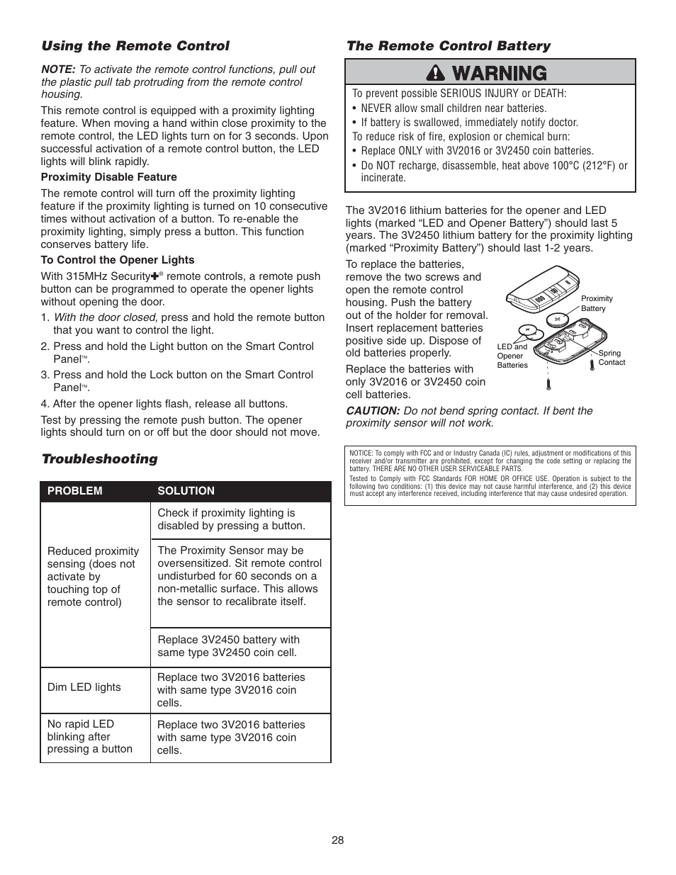 Using the remote control, Troubleshooting, The remote control battery | Chamberlain 3585 3/4 User Manual | Page 28 / 40