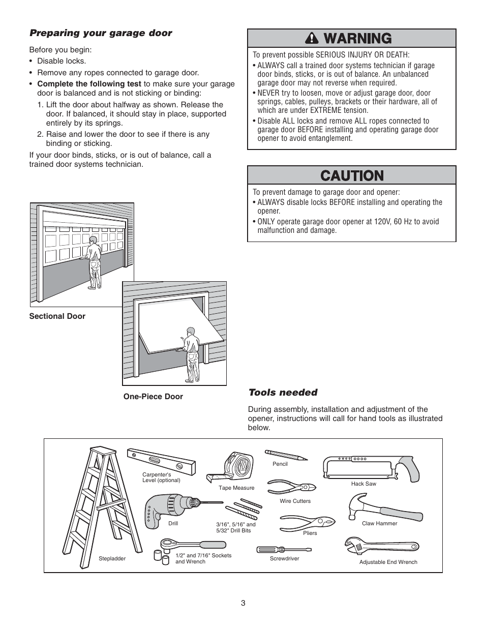 Preparing your garage door, Tools needed | Chamberlain 3585 3/4 User Manual | Page 3 / 40