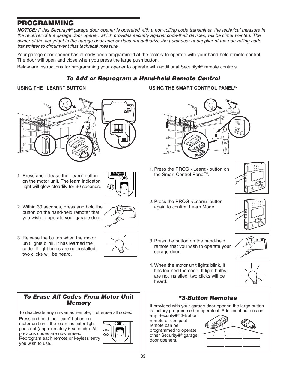 Programming, To add or reprogram a hand-held remote control, To erase all codes from motor unit memory | Button remotes | Chamberlain 3585 3/4 User Manual | Page 33 / 40