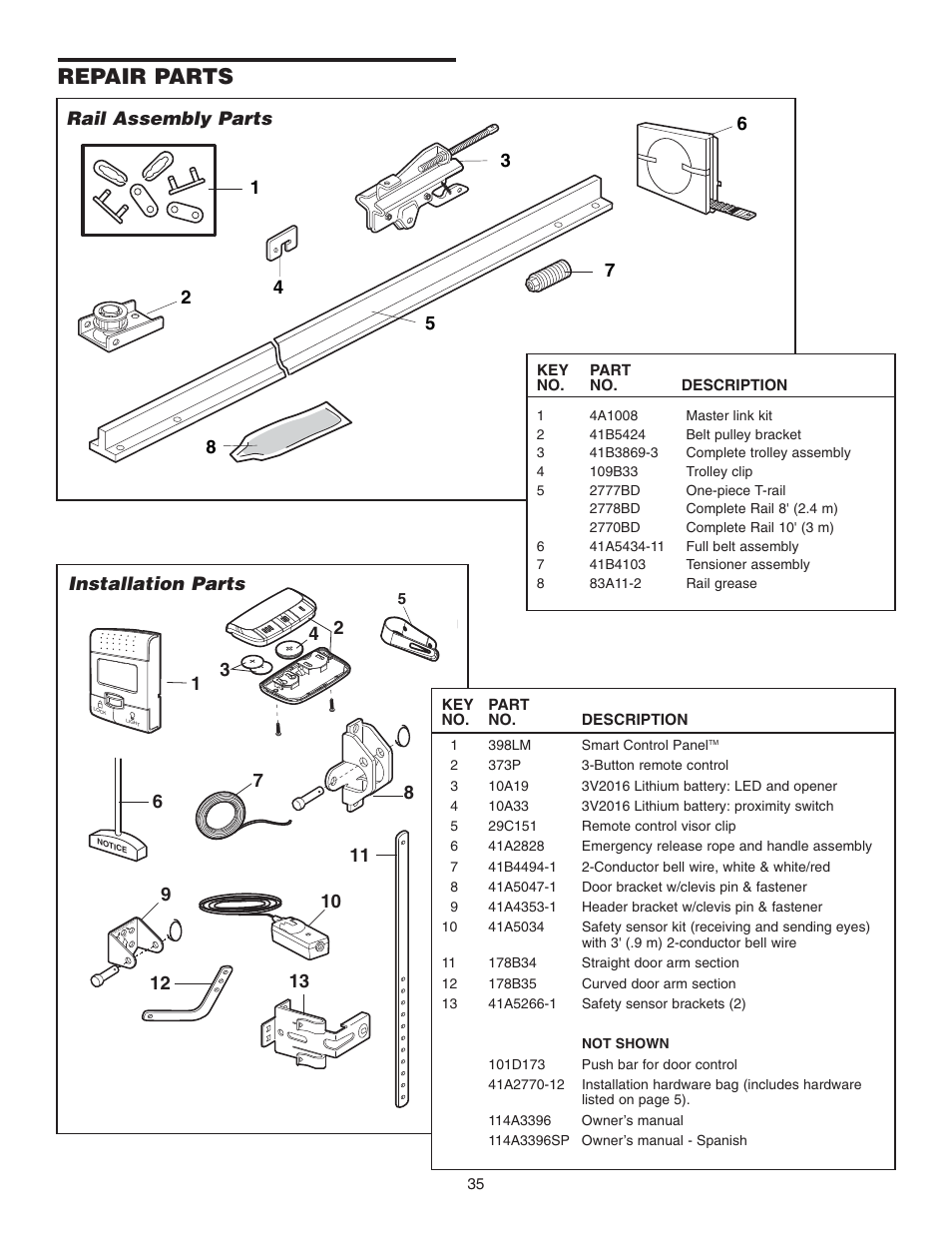 Repair parts, Installation parts | Chamberlain 3585 3/4 User Manual | Page 35 / 40