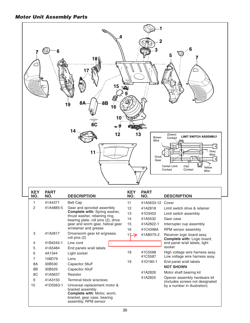 Motor unit assembly parts | Chamberlain 3585 3/4 User Manual | Page 36 / 40