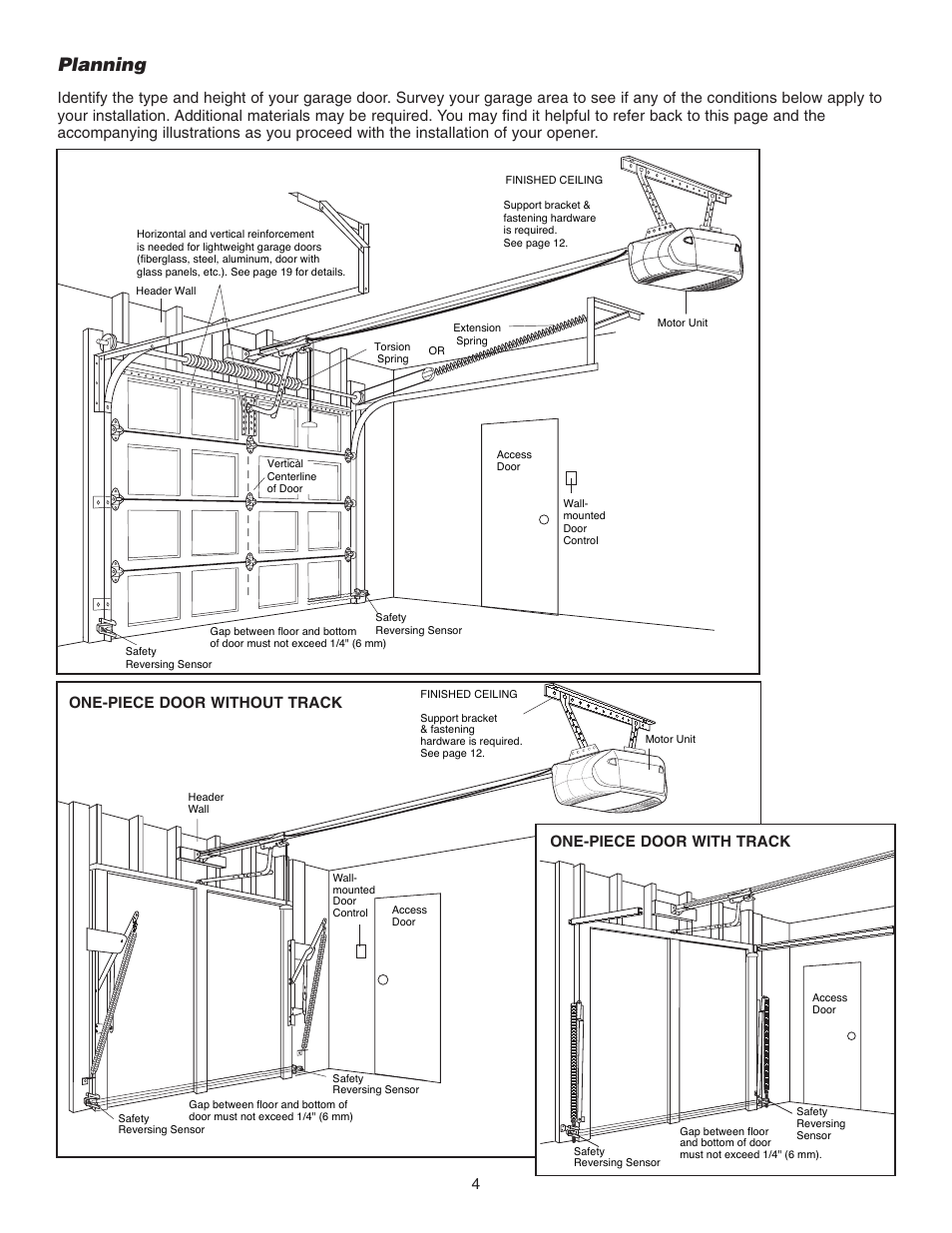 Planning, One-piece door without track 4, One-piece door with track | Chamberlain 3585 3/4 User Manual | Page 4 / 40