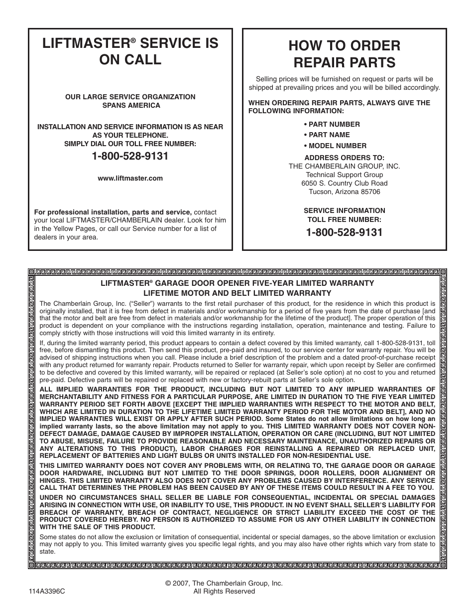 Liftmaster® service is on call, How to order repair parts, Warranty | Liftmaster, Service is on call | Chamberlain 3585 3/4 User Manual | Page 40 / 40