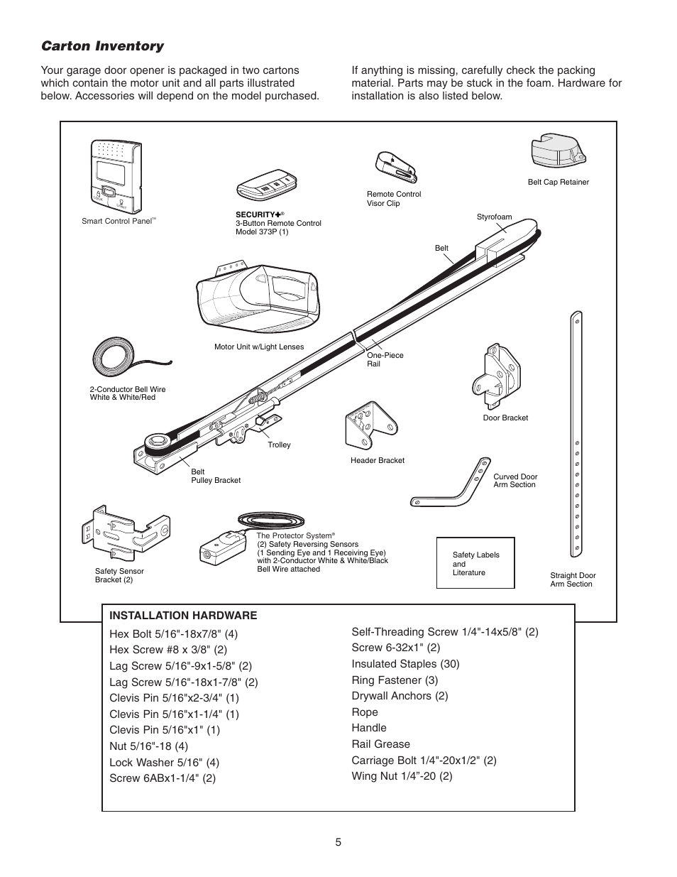 Carton inventory, Installation hardware | Chamberlain 3585 3/4 User Manual | Page 5 / 40