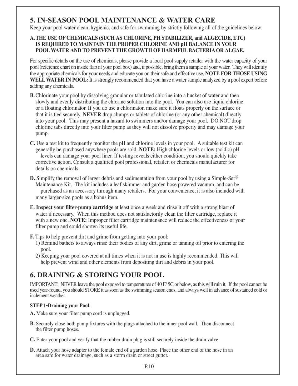 In-season pool maintenance & water care, Draining & storing your pool | Aqua Leisure Simple-Set Pool User Manual | Page 10 / 42