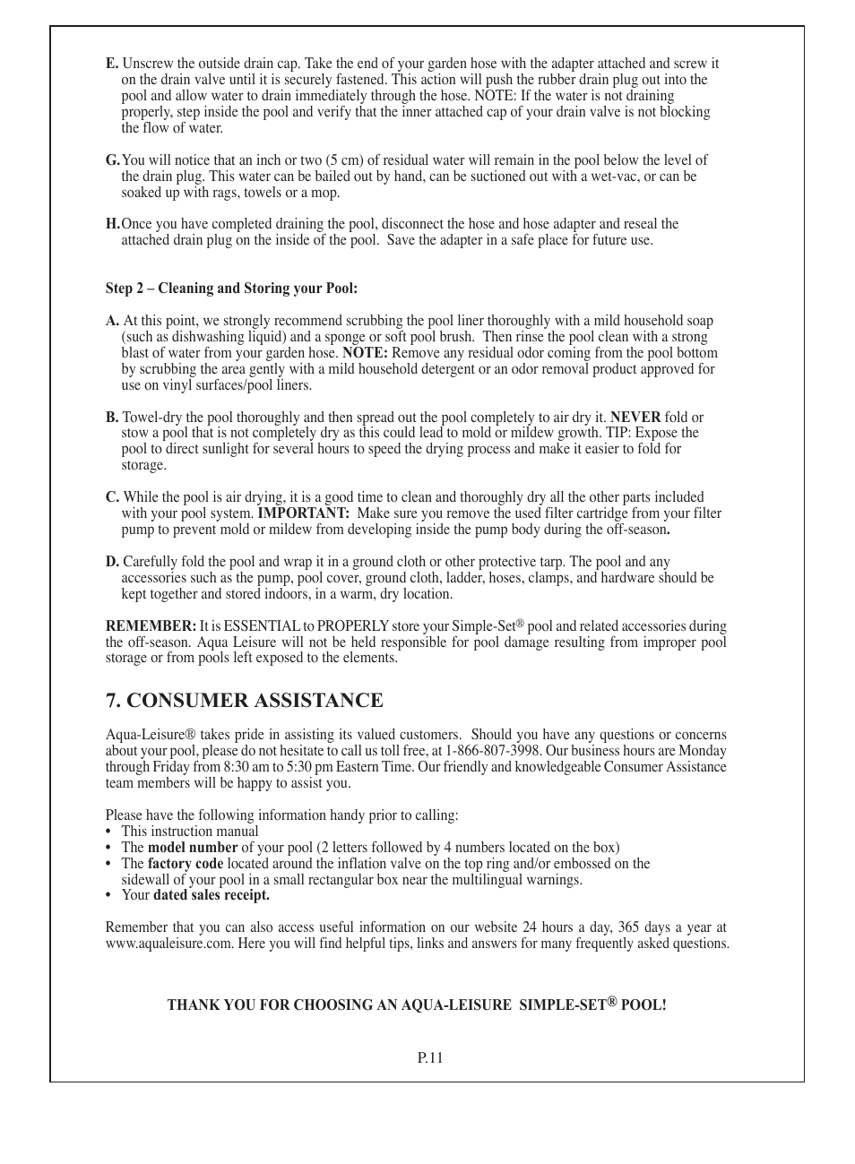 Consumer assistance | Aqua Leisure Simple-Set Pool User Manual | Page 11 / 42