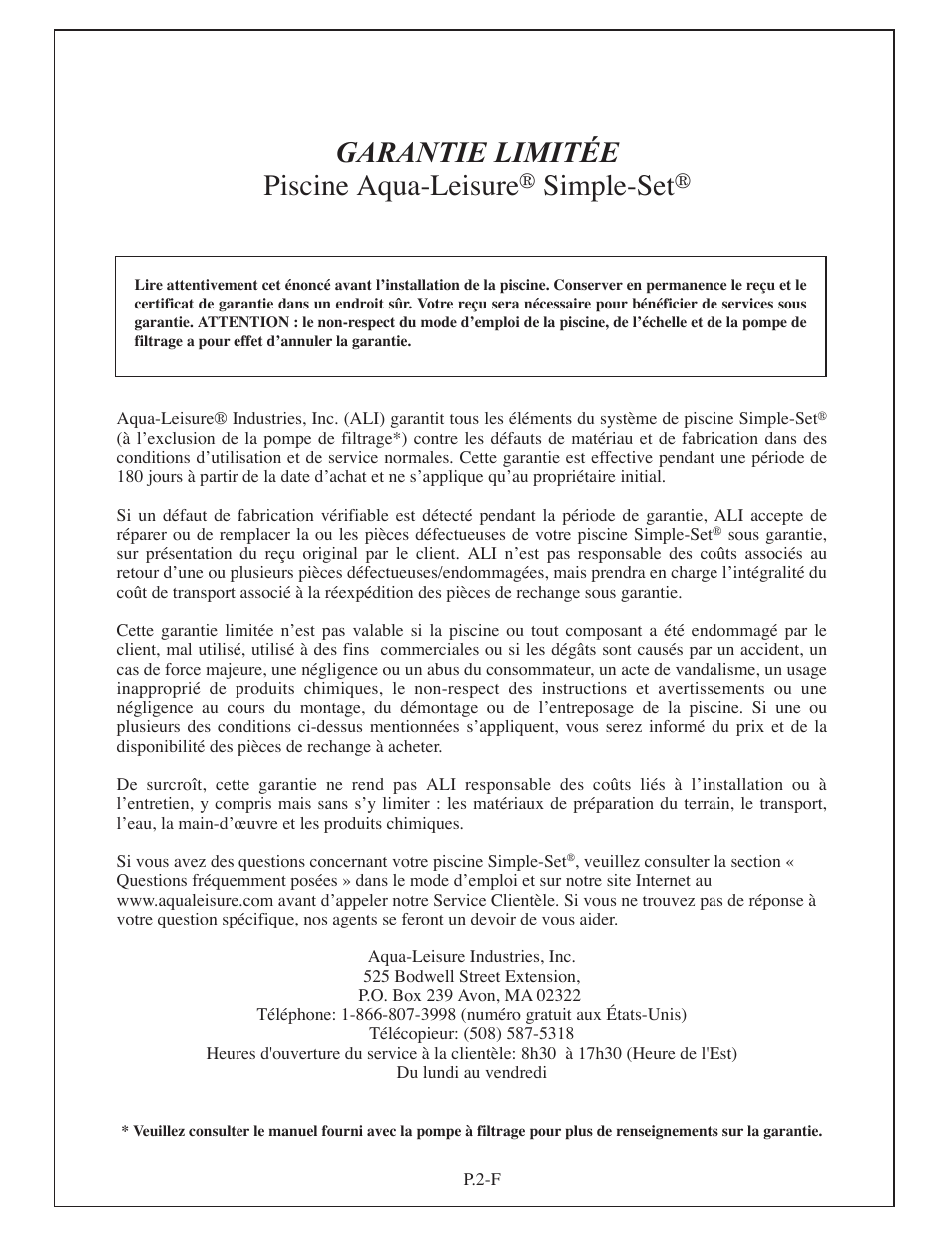 Garantie limitée piscine aqua-leisure, Simple-set | Aqua Leisure Simple-Set Pool User Manual | Page 16 / 42