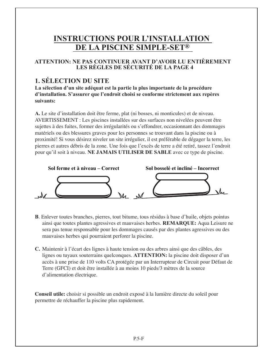 Sélection du site | Aqua Leisure Simple-Set Pool User Manual | Page 19 / 42
