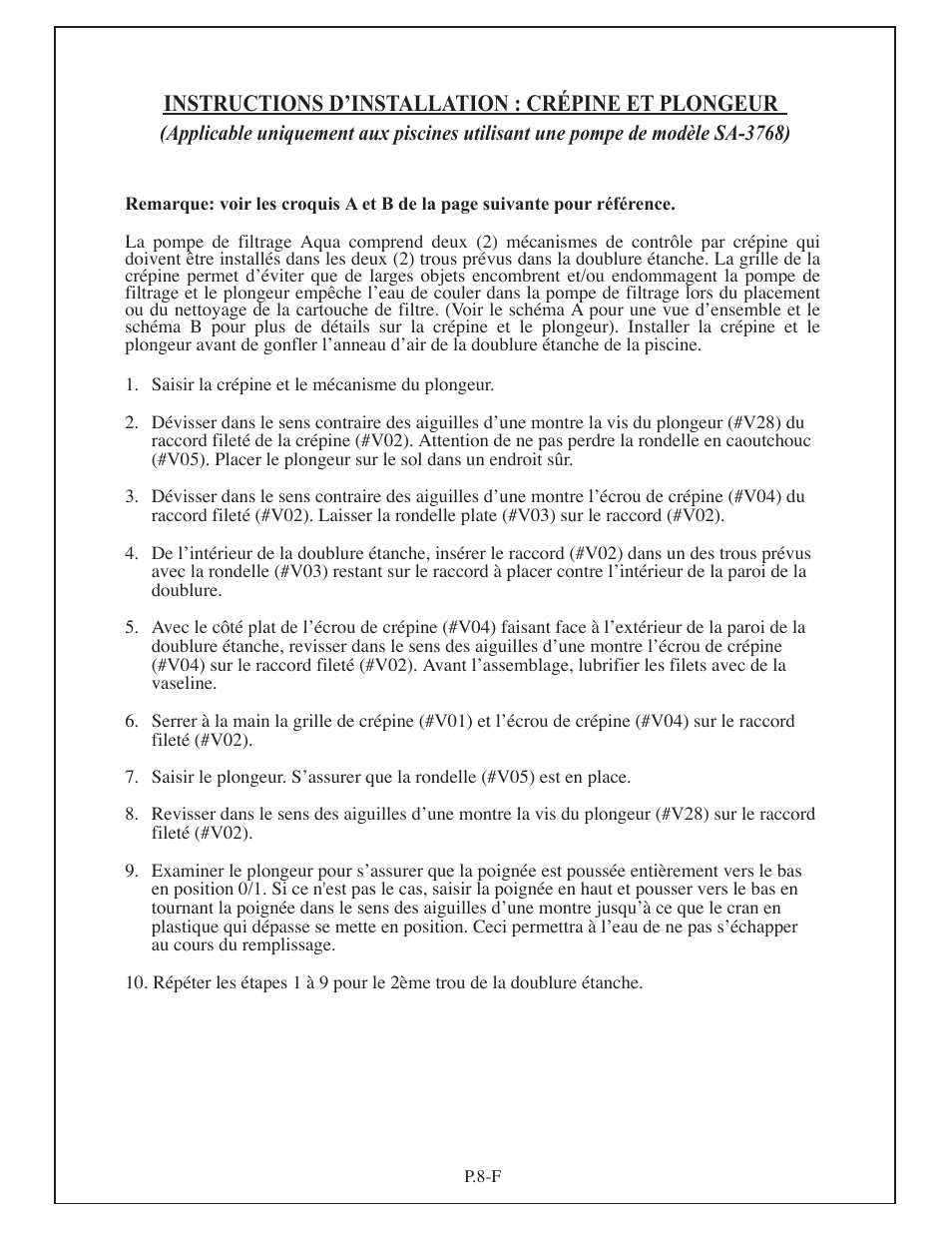 Instructions d’installation : crépine et plongeur | Aqua Leisure Simple-Set Pool User Manual | Page 22 / 42