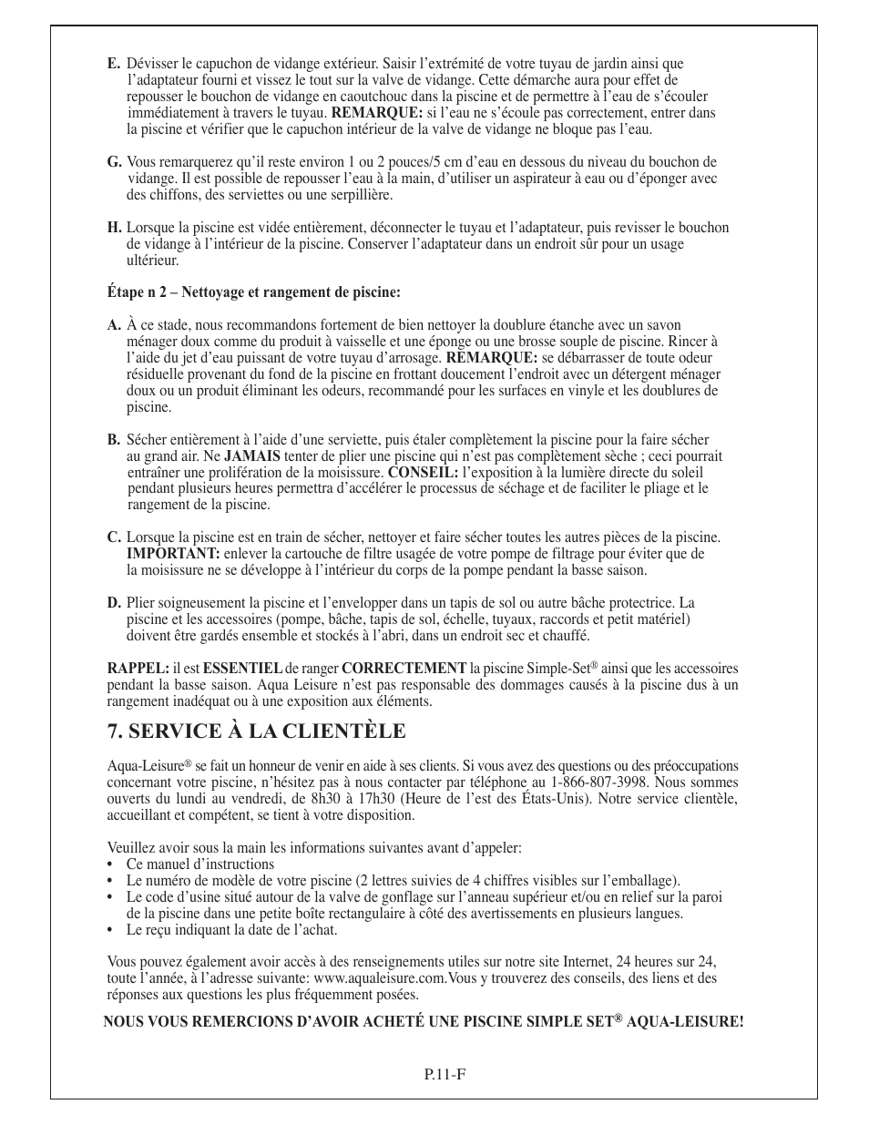 Service à la clientèle | Aqua Leisure Simple-Set Pool User Manual | Page 25 / 42